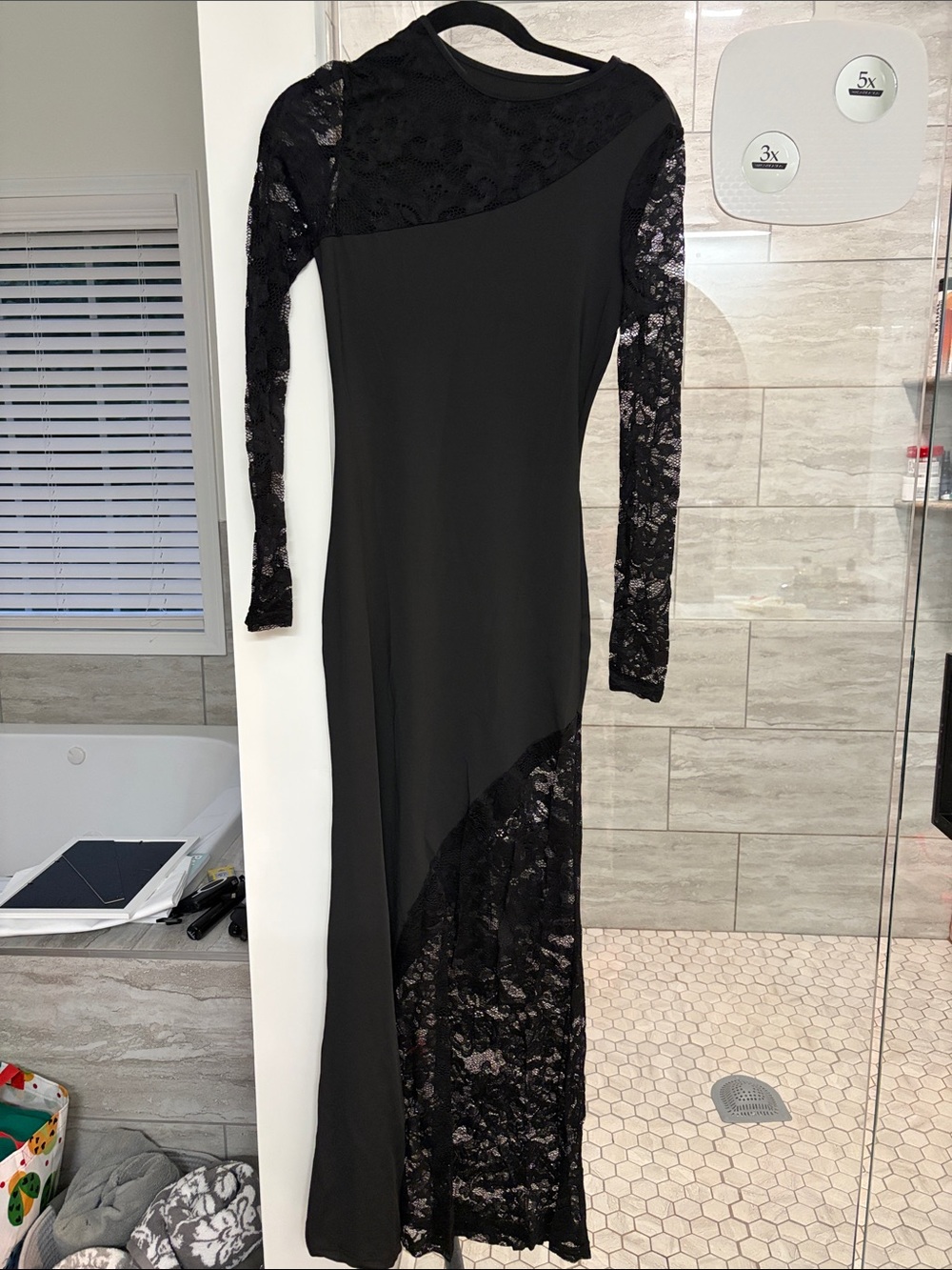 Black Lace-Panel Maxi Dress with Long Sleeves